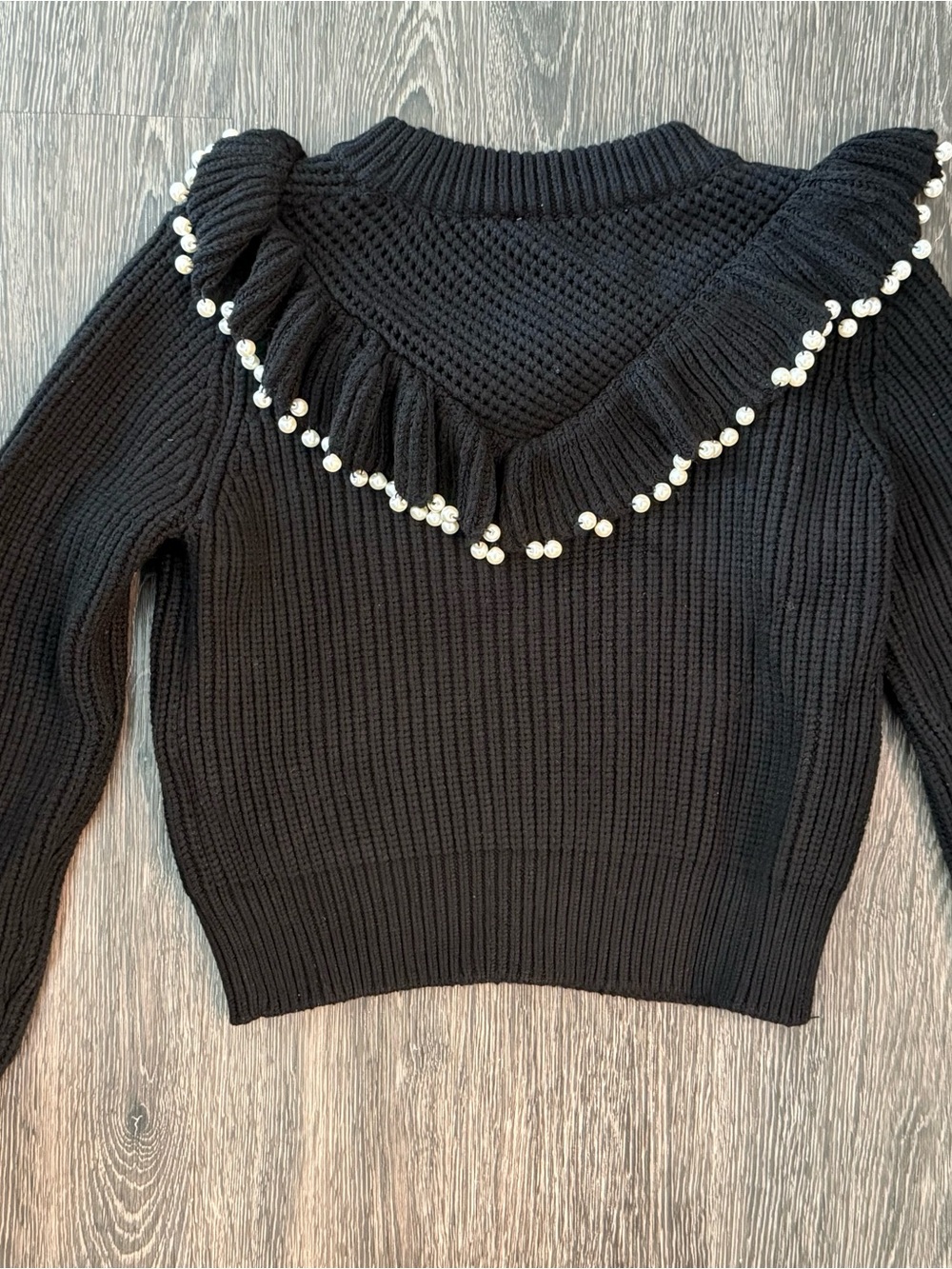 Zara Black Ruffle Pearl-Trim Knit Sweater